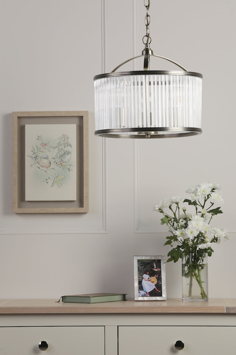 Laura Ashley Sutton 3 Light Pendant Matt Antique Brass and Ribbed Glass