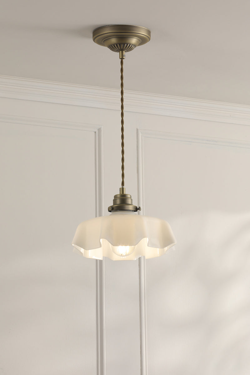 Laura Ashley Banham Pendant Matt Antique Brass and White Glass