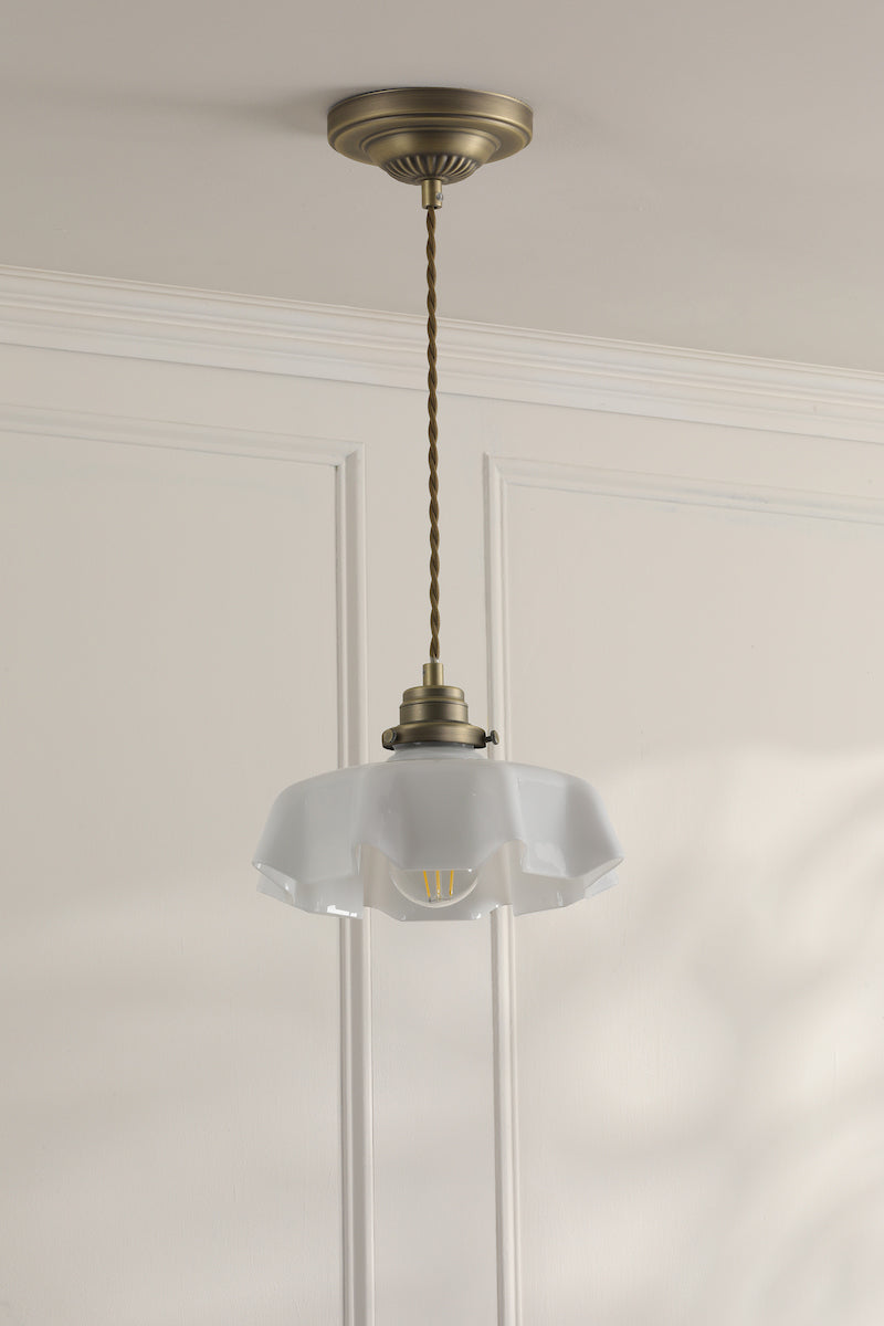 Laura Ashley Banham Pendant Matt Antique Brass and White Glass