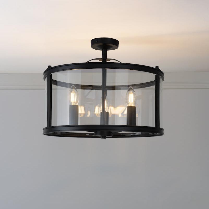 Laura Ashley Harrington 3 Light Semi-Flush Matt Black and Glass