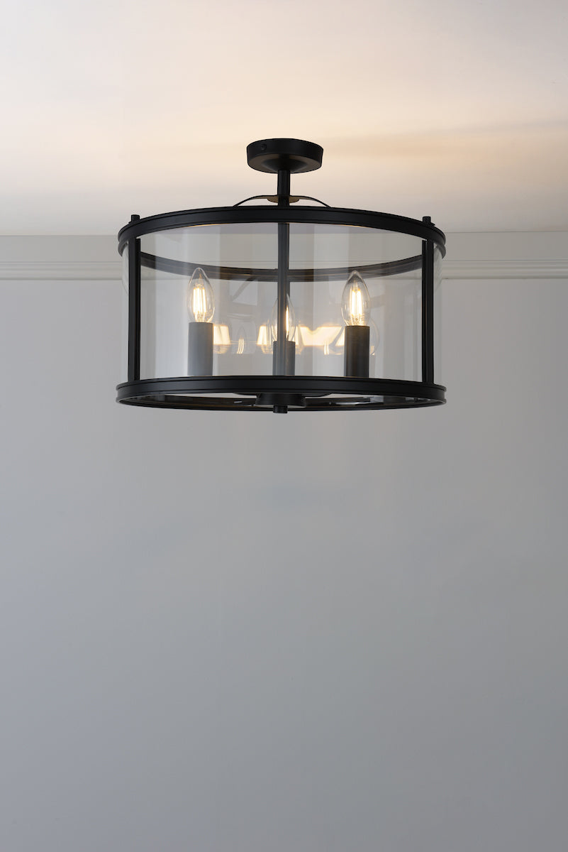 Laura Ashley Harrington 3 Light Semi-Flush Matt Black and Glass