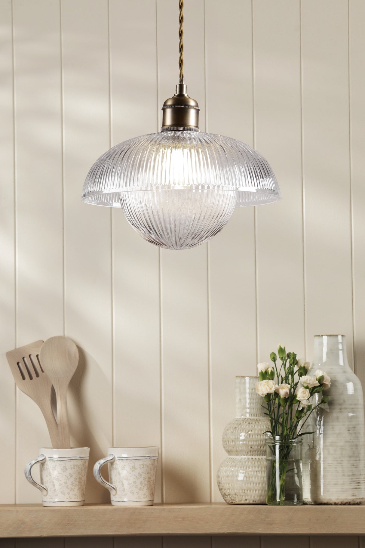 Laura Ashley Billham Pendant Matt Antique Brass and Ribbed Glass