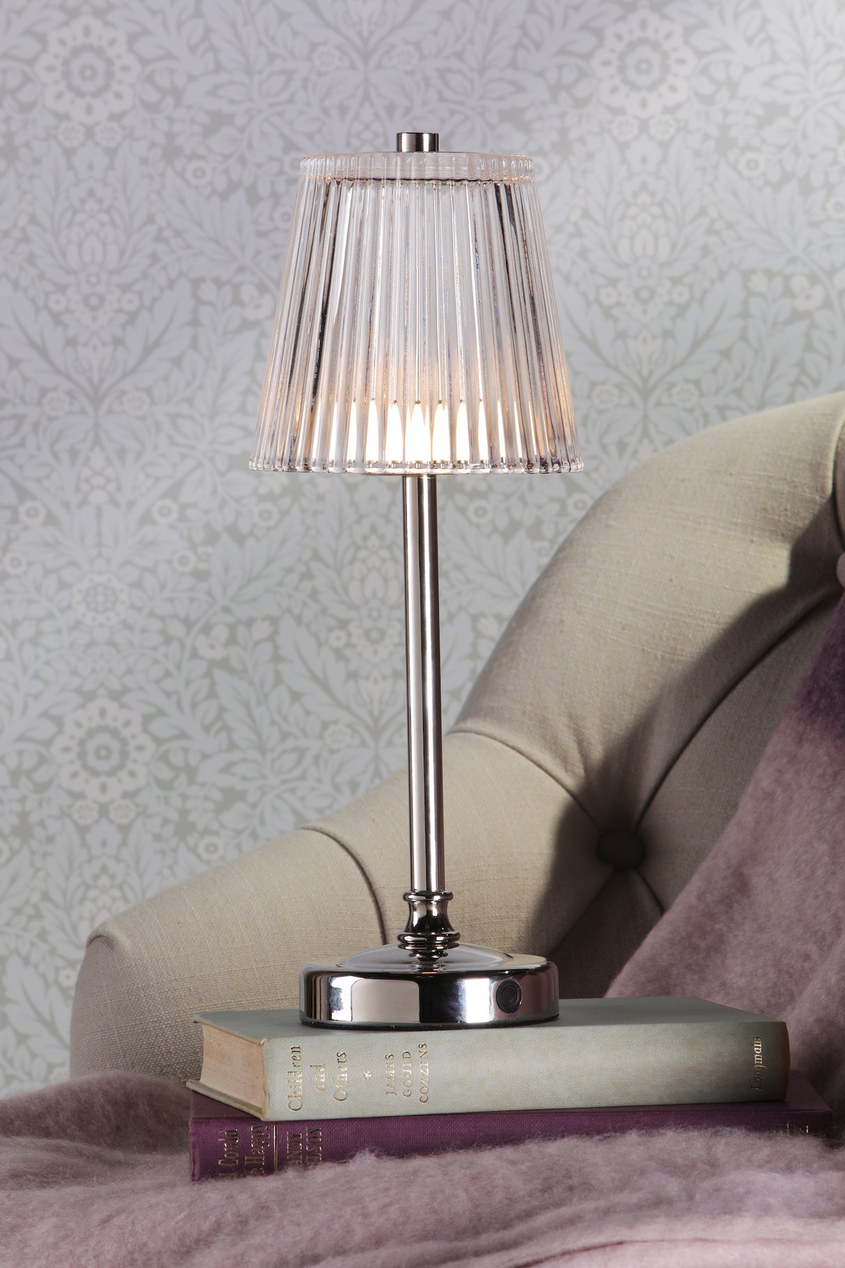 Laura Ashley Callaghan Rechargeable Table Lamp Polished Nickel and Ribbed Glass LED