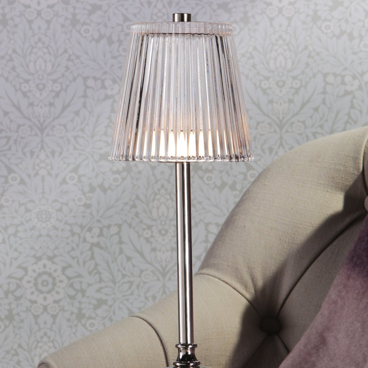Laura Ashley Callaghan Rechargeable Table Lamp Polished Nickel and Ribbed Glass LED