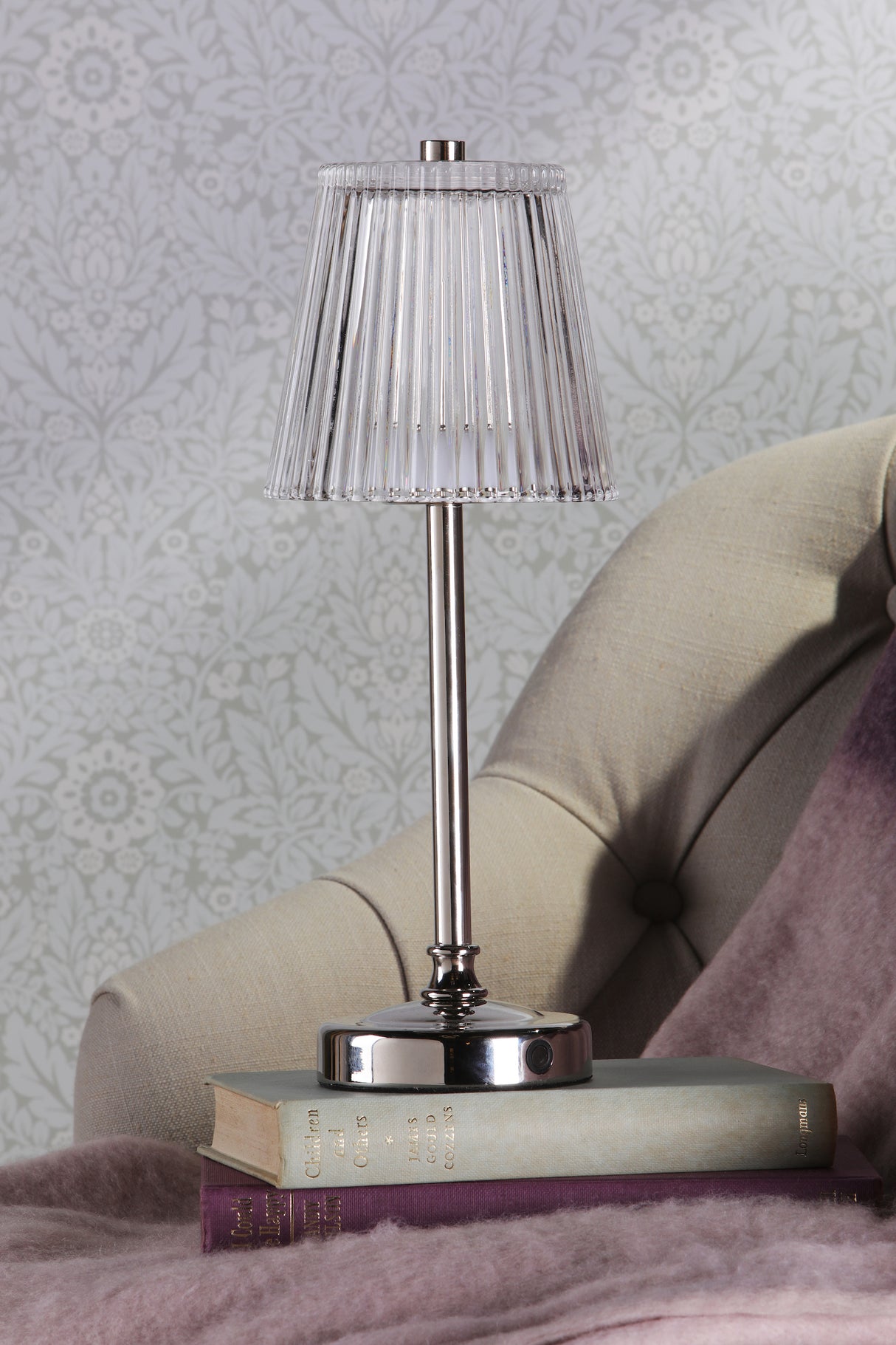 Laura Ashley Callaghan Rechargeable Table Lamp Polished Nickel and Ribbed Glass LED