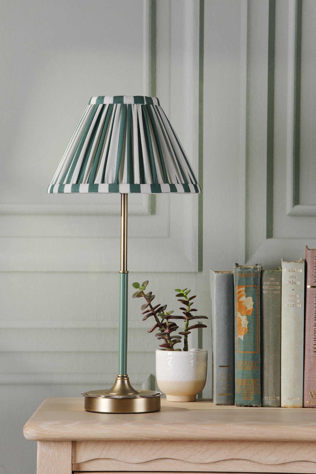 Laura Ashley Denwick Table Lamp Matt Antique Brass and Satin Green With Shade