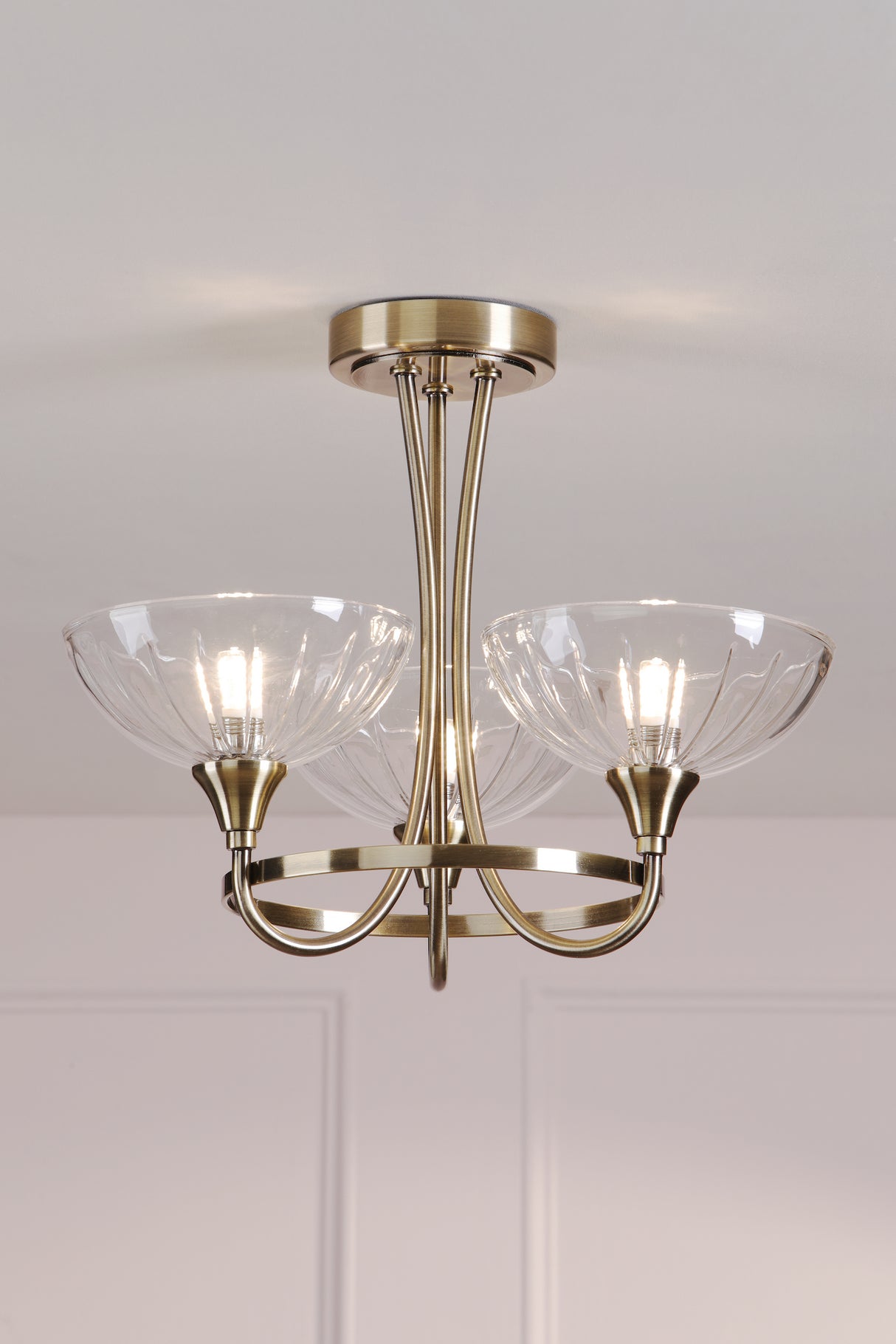 Laura Ashley Wellham 3 Light Semi-Flush Antique Brass and Ribbed Glass