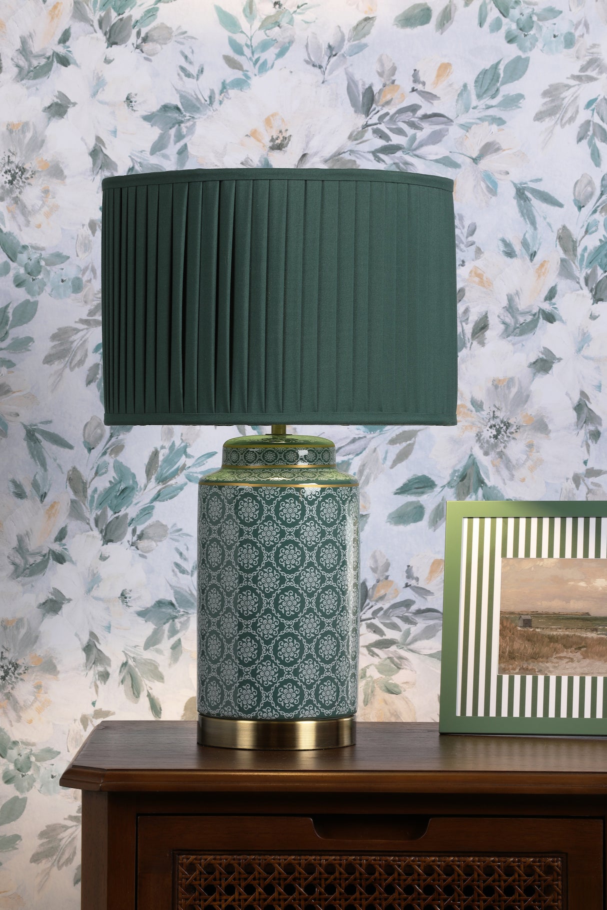 Laura Ashley Knipton Table Lamp Green Ceramic and Antique Brass With Shade