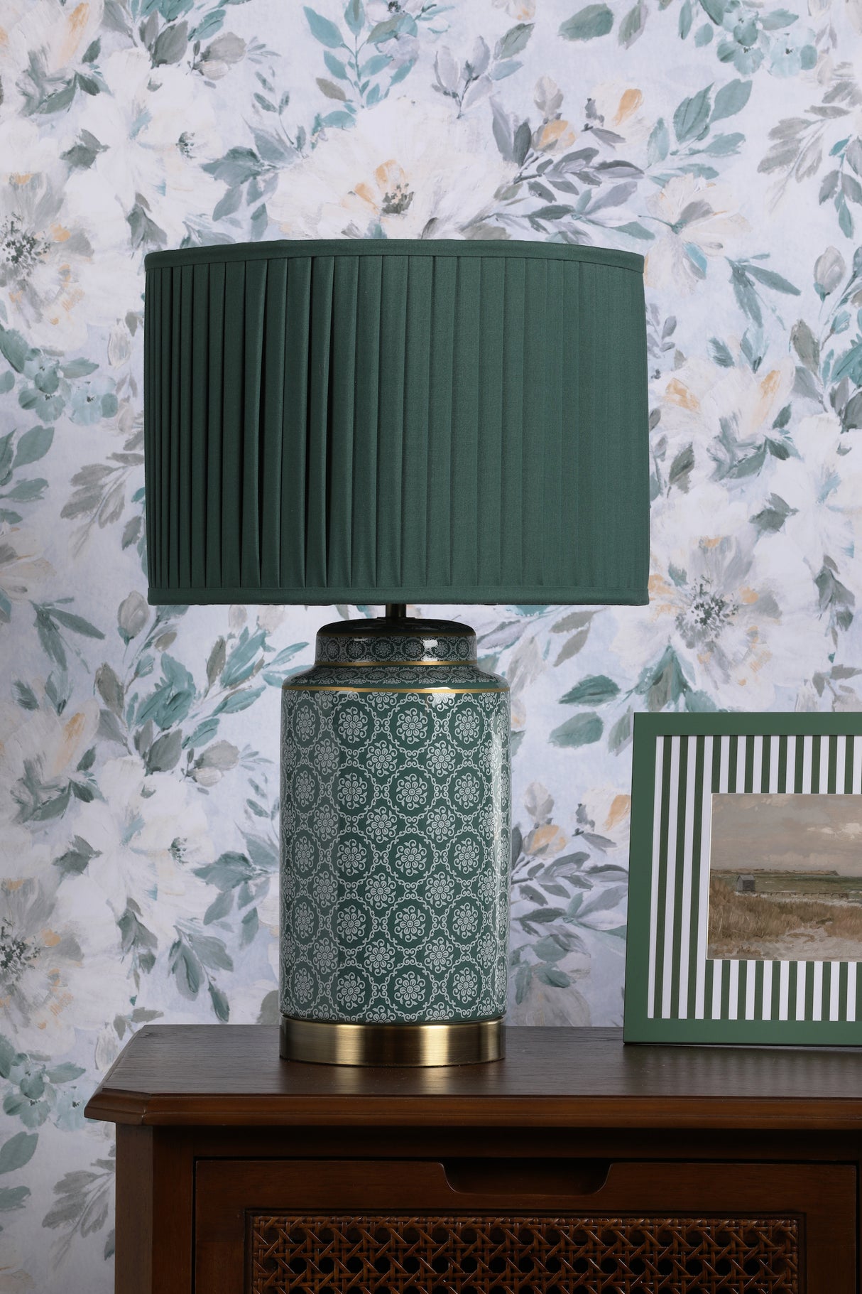 Laura Ashley Knipton Table Lamp Green Ceramic and Antique Brass With Shade