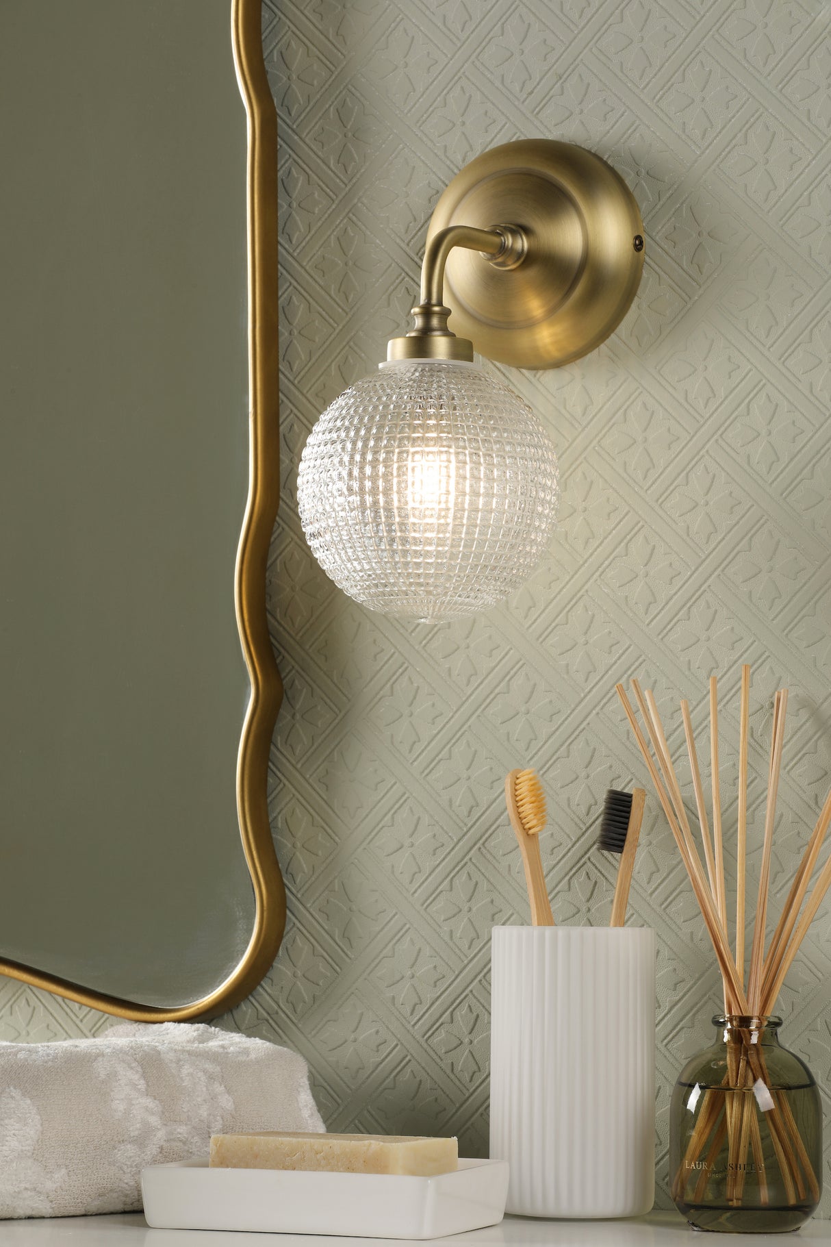 Laura Ashley Langdon Bathroom Wall Light Matt Antique Brass and Textured Glass IP44