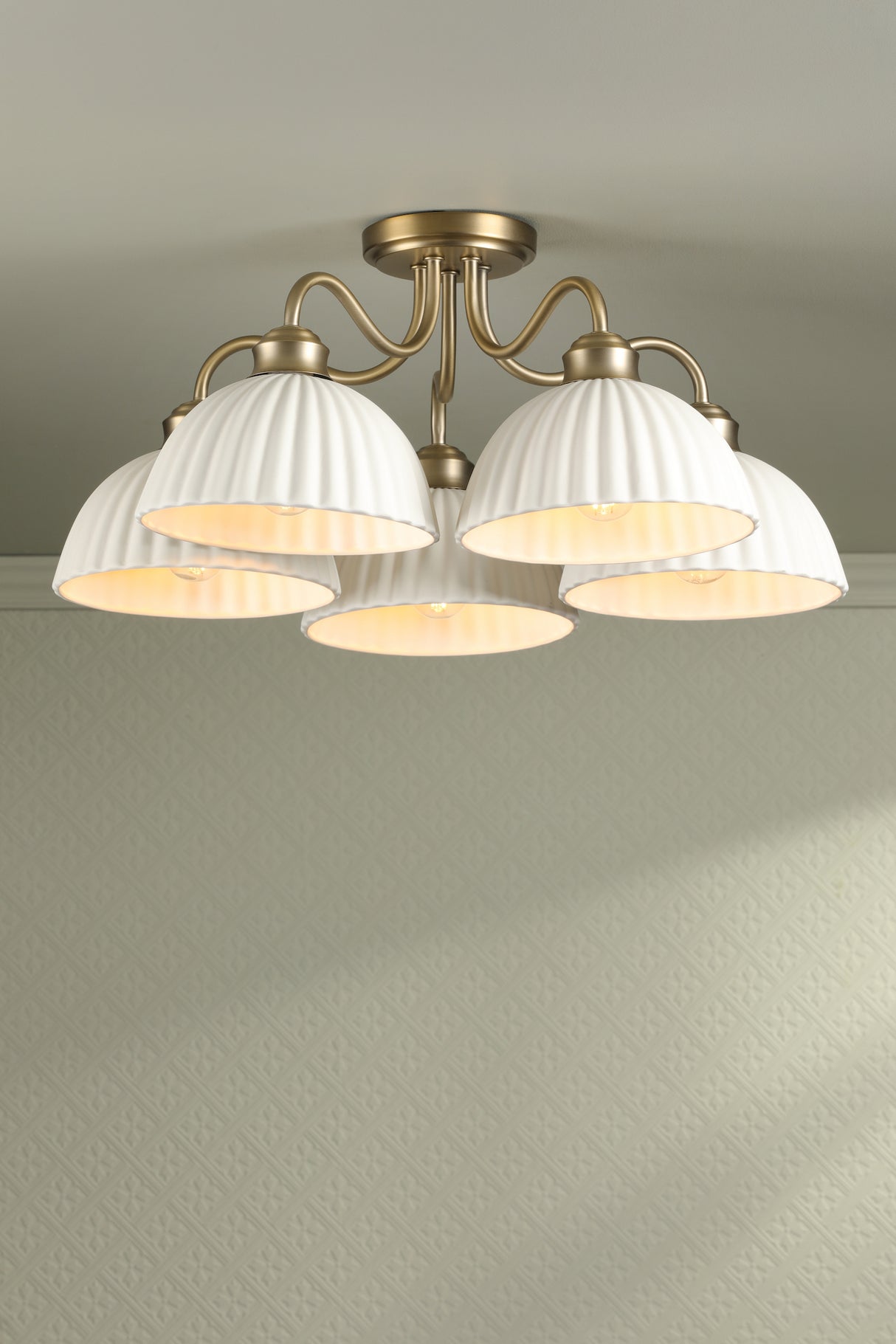 Laura Ashley Durford 5 Light Semi-Flush Matt Antique Brass and White Ceramic