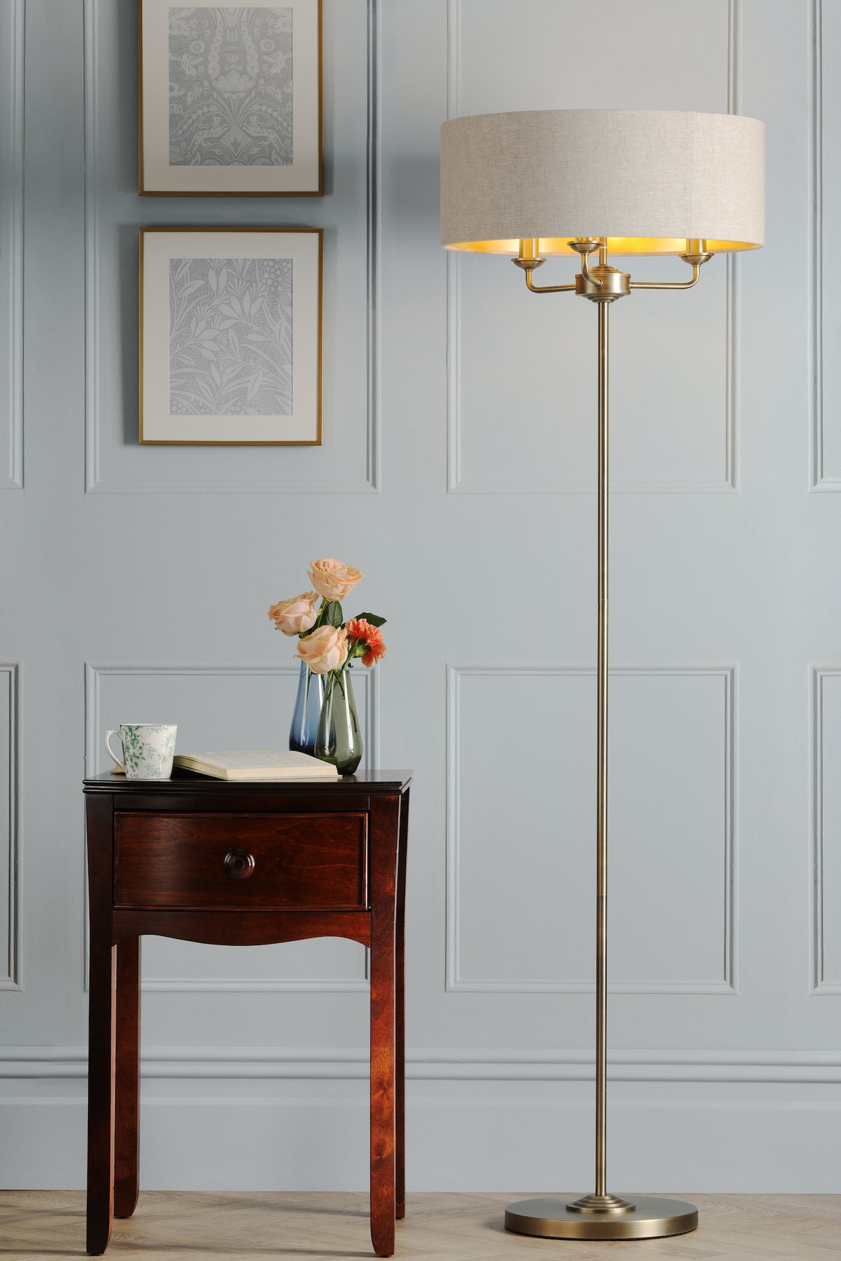 Laura Ashley Sorrento 3 Light Floor Lamp Matt Antique Brass With Natural Shade