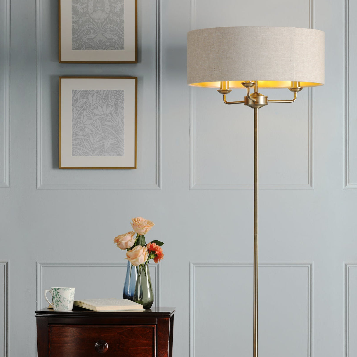 Laura Ashley Sorrento 3 Light Floor Lamp Matt Antique Brass With Natural Shade