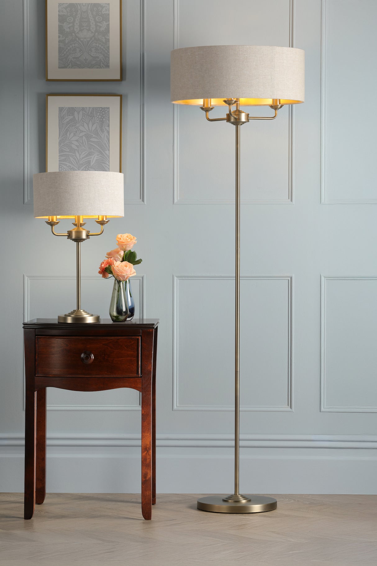 Laura Ashley Sorrento 3 Light Floor Lamp Matt Antique Brass With Natural Shade