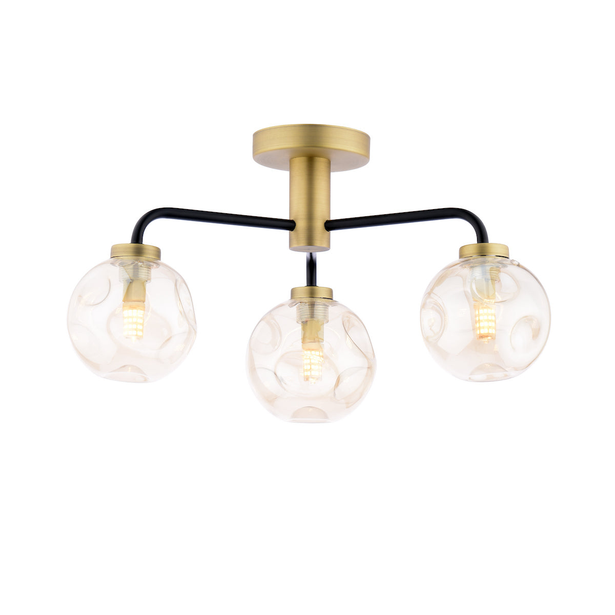 Dar Lainey 3 Light Semi-Flush Matt Black and Antique Brass With Closed Organic Amber Glass