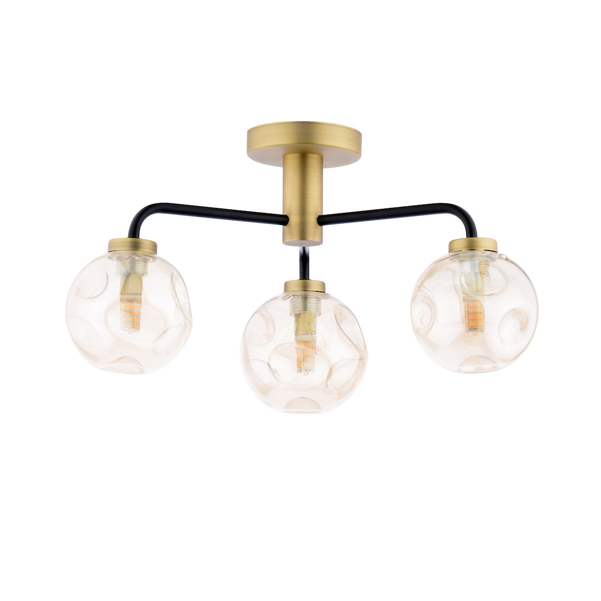 Dar Lainey 3 Light Semi-Flush Matt Black and Antique Brass With Closed Organic Amber Glass