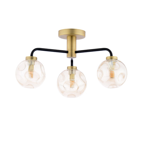 Dar Lainey 3 Light Semi-Flush Matt Black and Antique Brass With Closed Organic Amber Glass