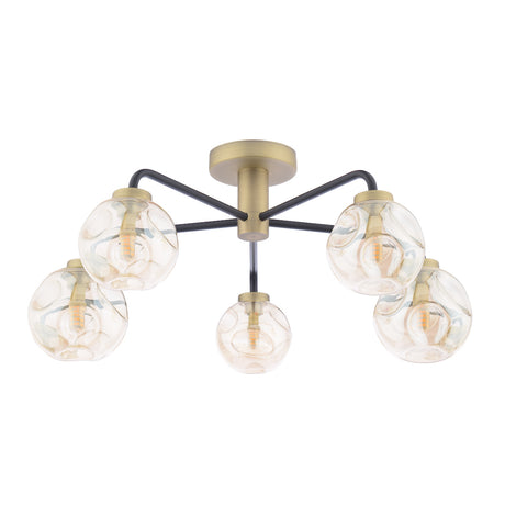Dar Lainey 5 Light Semi-Flush Matt Black and Antique Brass With Closed Organic Amber Glass
