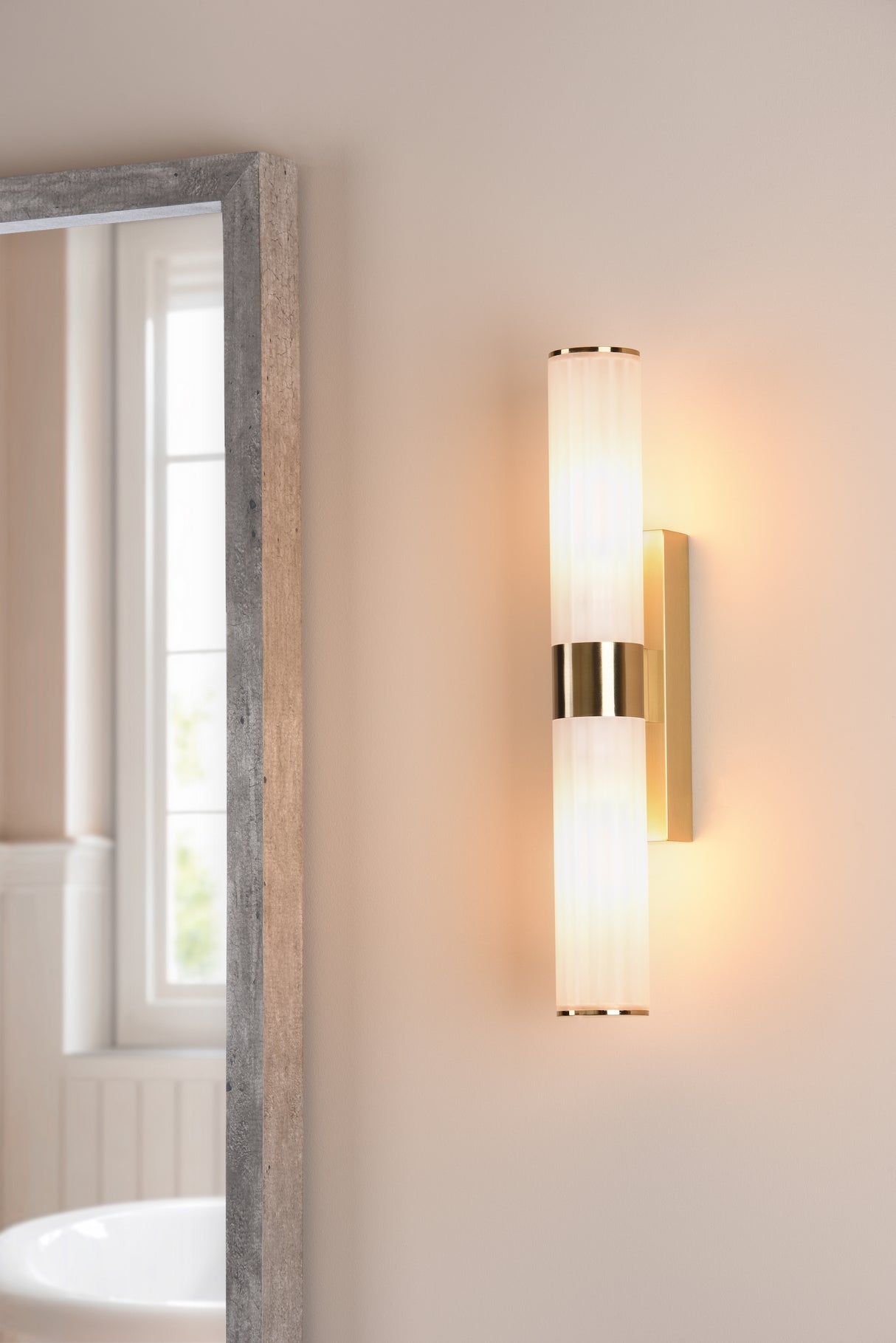 Dar Lars 2 Light Bathroom Wall Light Brushed Gold and White Frosted Acrylic IP44