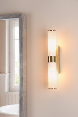 Dar Lars 2 Light Bathroom Wall Light Brushed Gold and White Frosted Acrylic IP44
