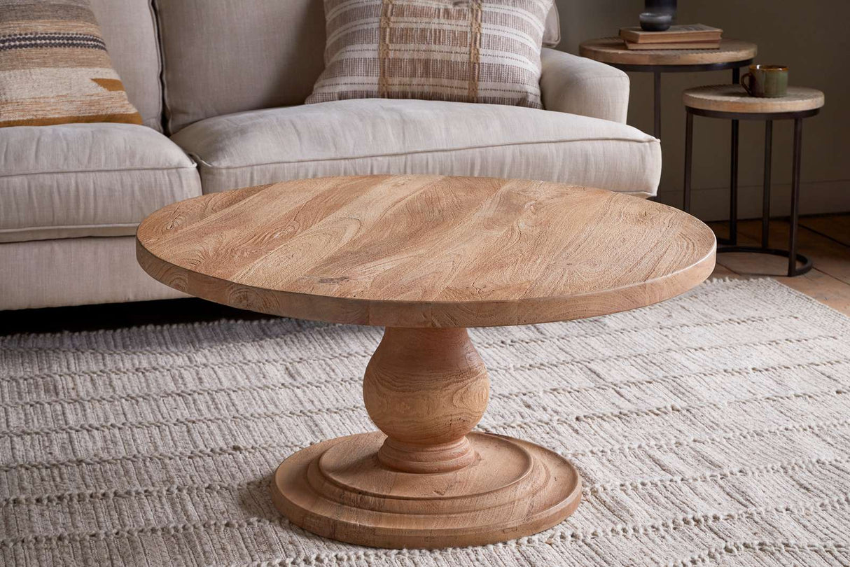 Nkuku Laya Round Carved Mango Wood Coffee Table Natural