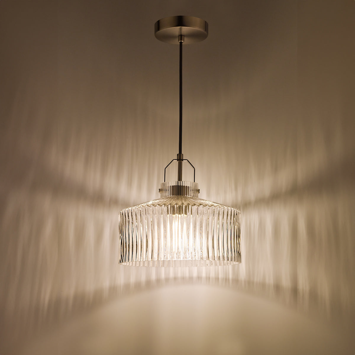 Dar Lenka Pendant Satin Nickel and Ribbed Glass –  from Amos Lighting + Home