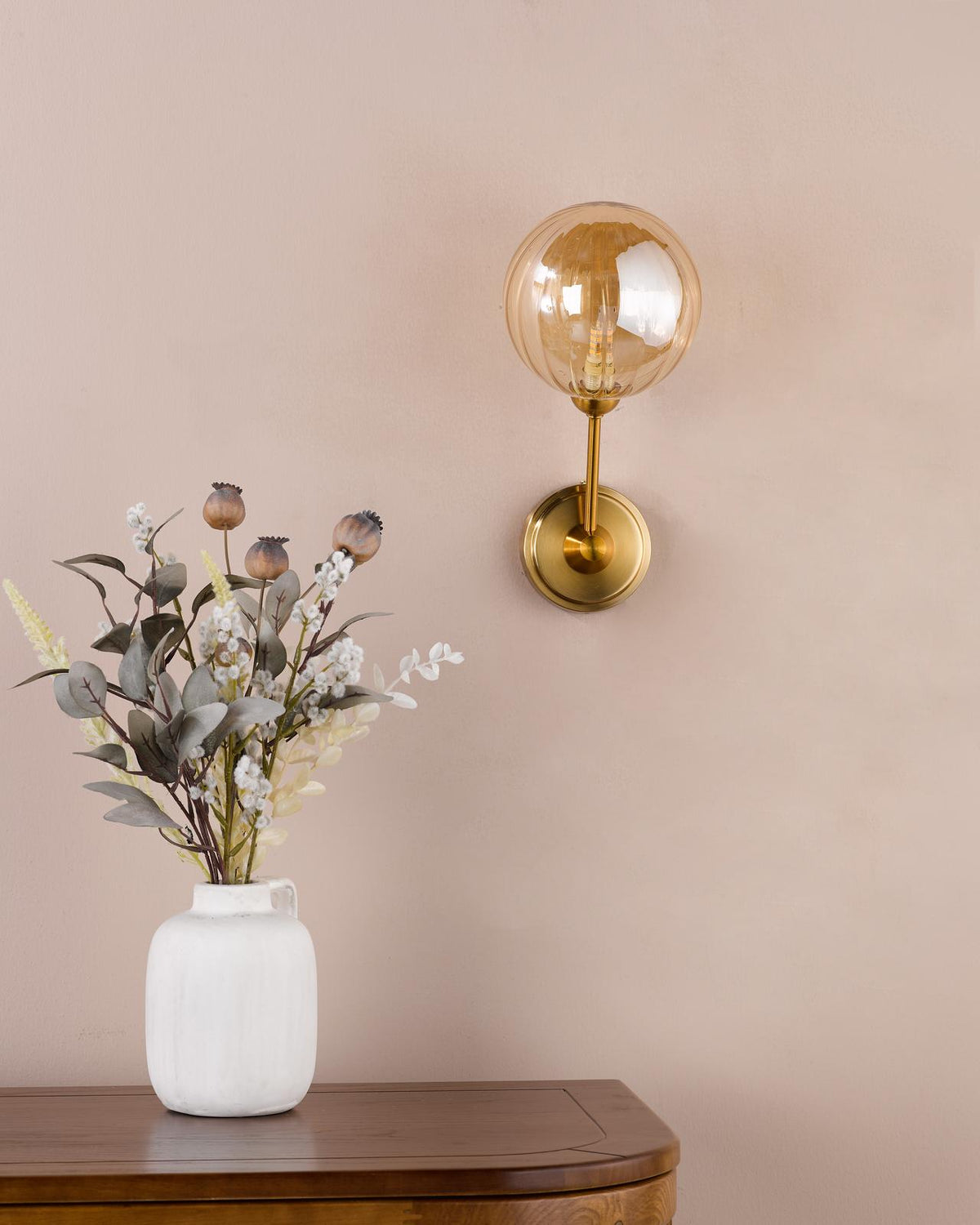 Dar Liora Wall Light Antique Gold and Amber Ribbed Glass