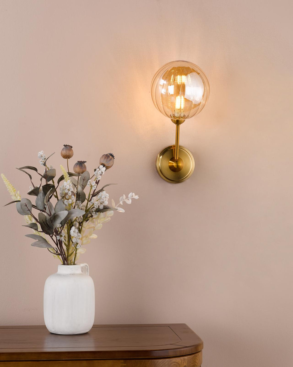 Dar Liora Wall Light Antique Gold and Amber Ribbed Glass