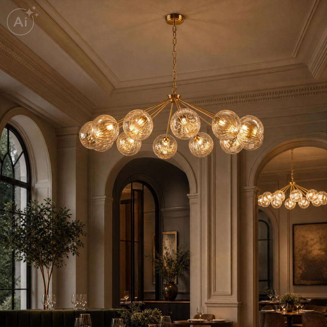 Dar Liora 12 Light Pendant Antique Gold and Amber Ribbed Glass