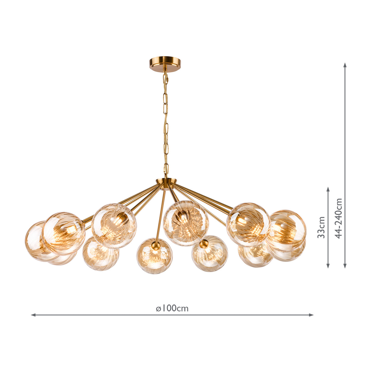 Dar Liora 12 Light Pendant Antique Gold and Amber Ribbed Glass