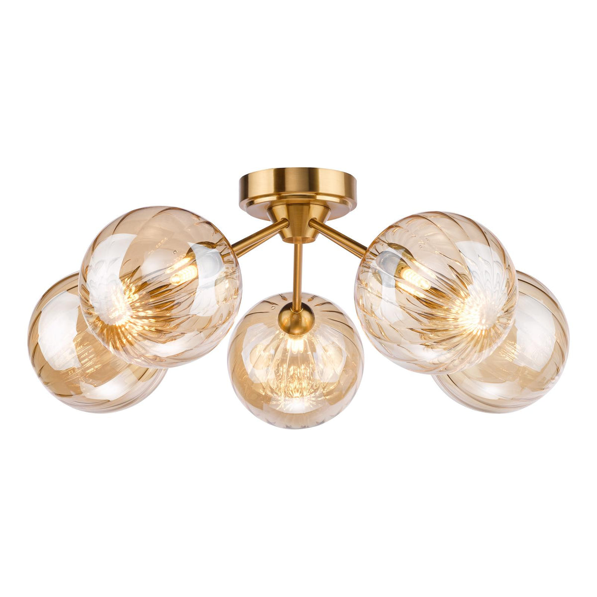 Dar Liora 5 Light Semi-Flush Antique Gold and Amber Ribbed Glass
