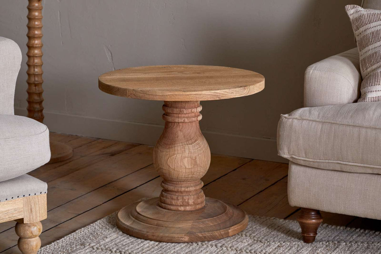 Nkuku Laya Round Carved Mango Wood Side Table Natural
