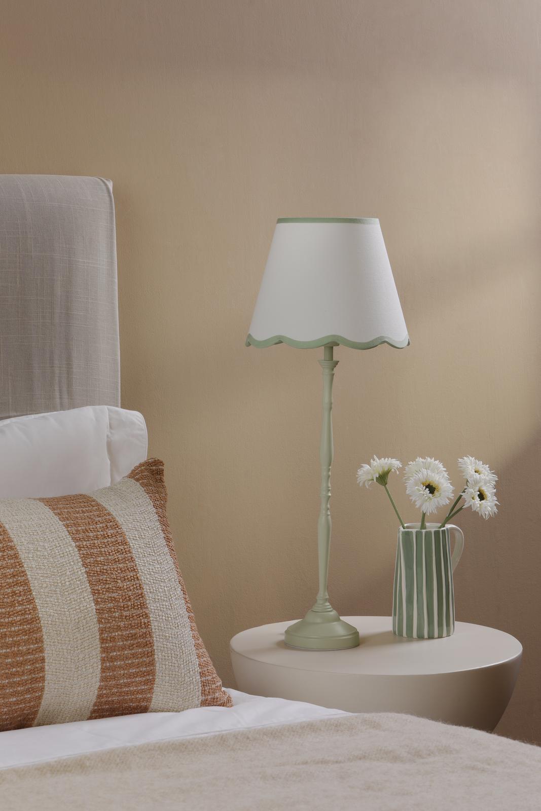 Dar Lupo Table Lamp Matt Green With Linen Scalloped Shade