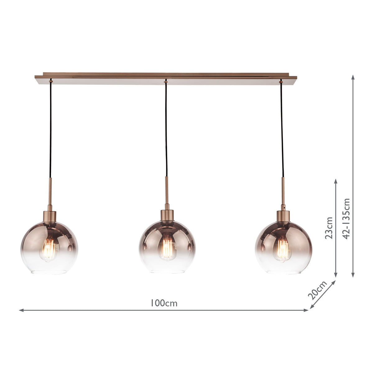 Dar Lycia 3 Light Bar Pendant Satin Bronze and Bronze Ombre Glass