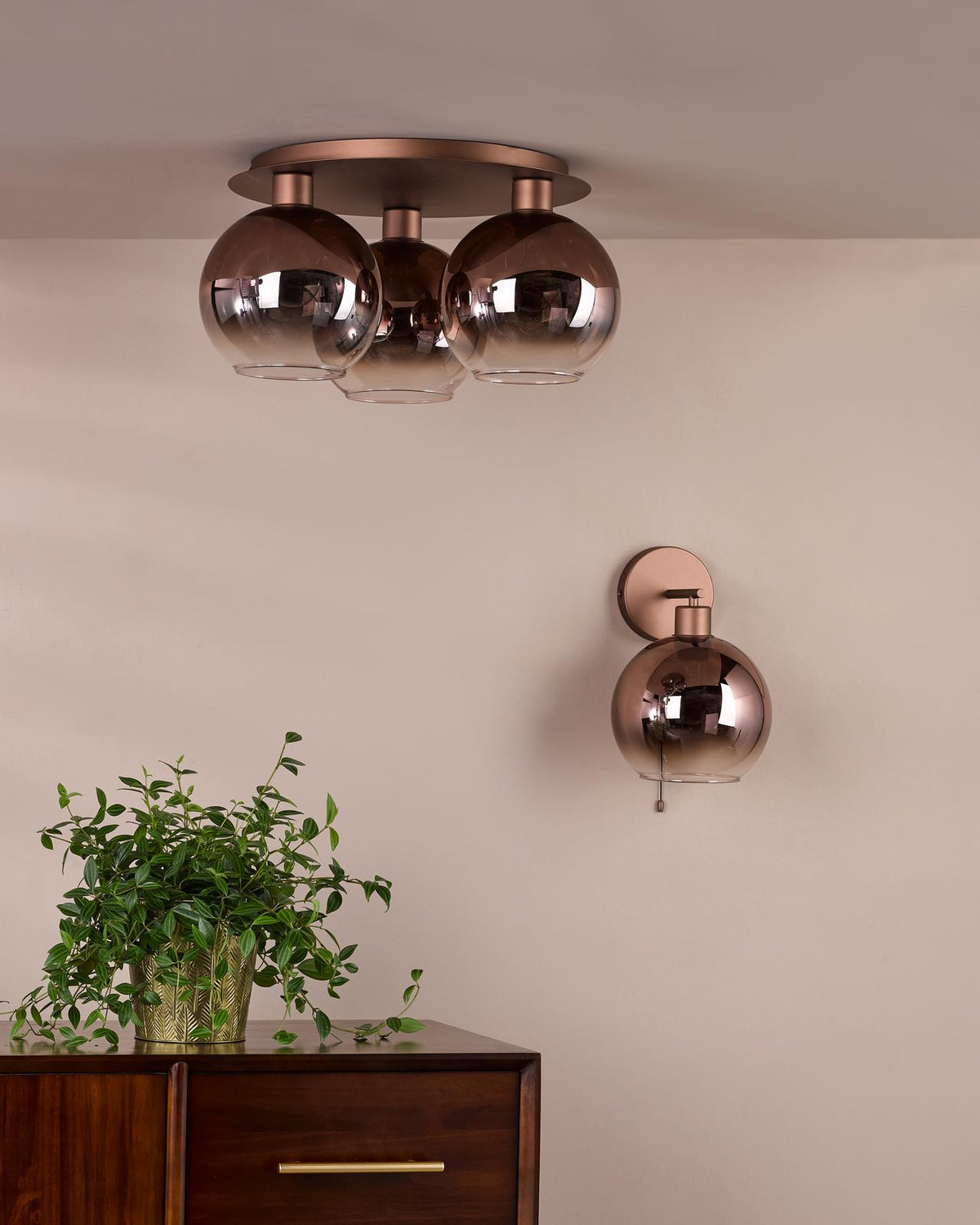 Dar Lycia 3 Light Flush Satin Bronze and Bronze Ombre Glass