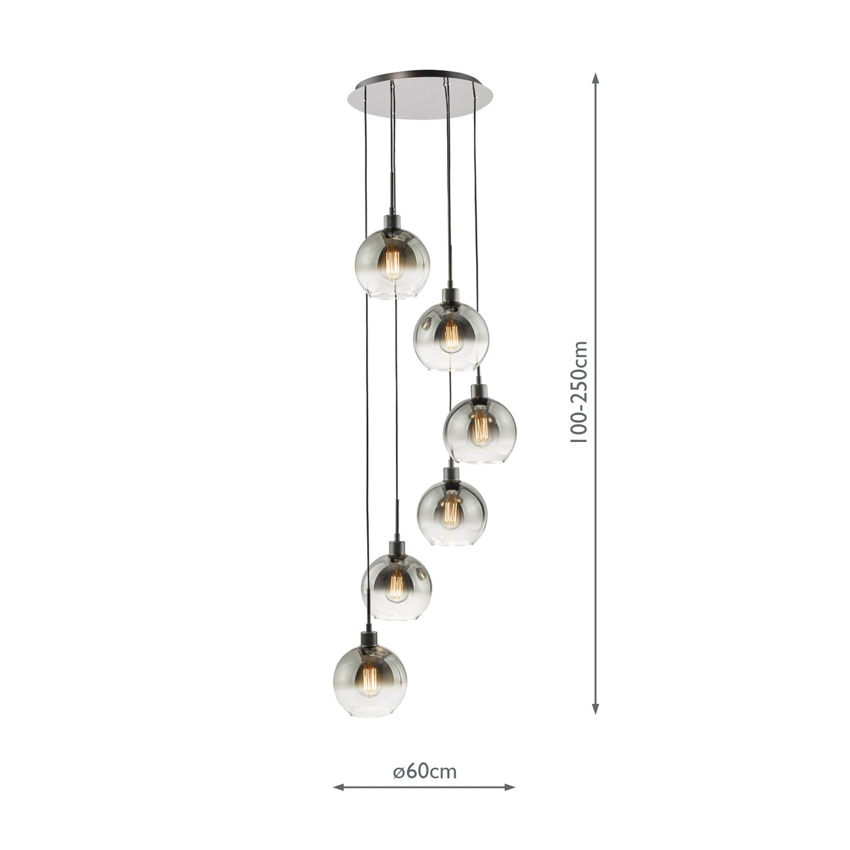 Dar Lycia 6 Light Cluster Pendant Matt Black and Smoked Ombre Glass
