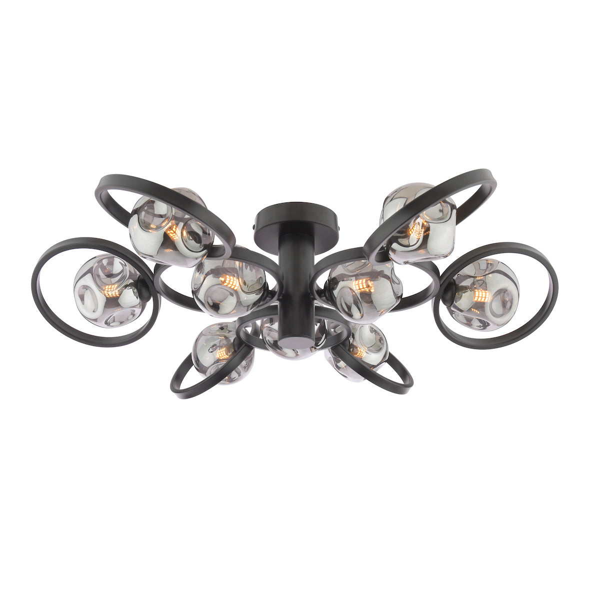 Dar Lynette 9 Light Semi-Flush Satin Black With Closed Organic Smoked Glass