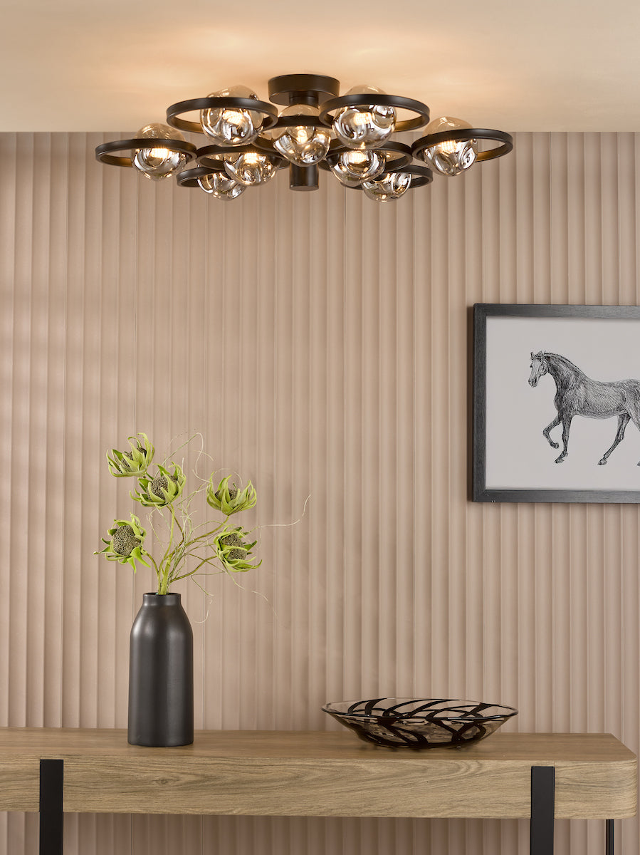 Dar Lynette 9 Light Semi-Flush Satin Black With Closed Organic Smoked Glass