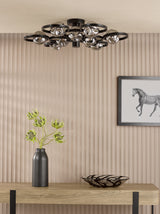 Dar Lynette 9 Light Semi-Flush Satin Black With Closed Organic Smoked Glass