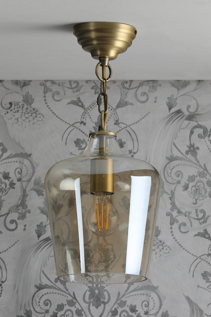 Laura Ashley Ockley Single Pendant Antique Brass and Champagne Glass –  from Amos Lighting + Home