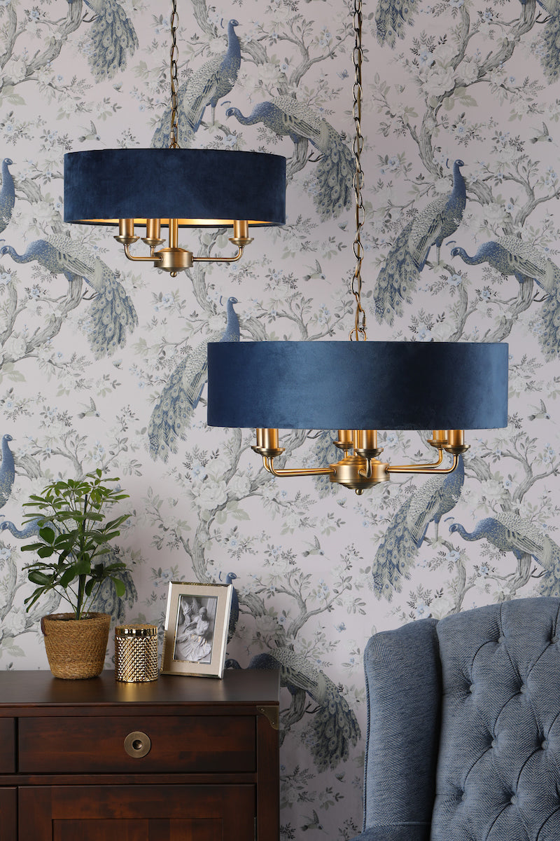 Laura Ashley Sorrento 3lt Pendant, Antique Brass & Blue Velvet –  from Amos Lighting + Home