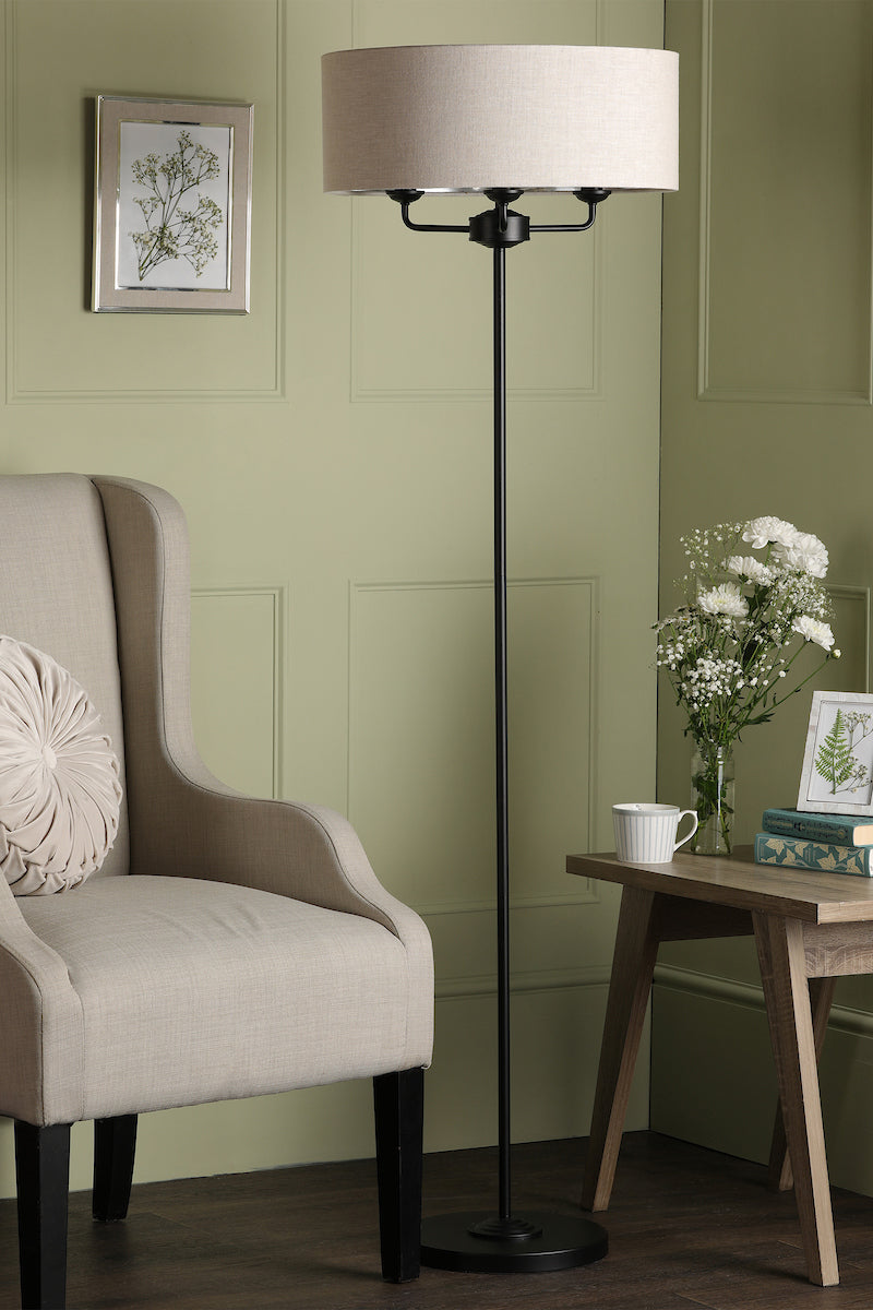 Laura Ashley Sorrento Floor Lamp Matt Black and Natural With Shade –  from Amos Lighting + Home