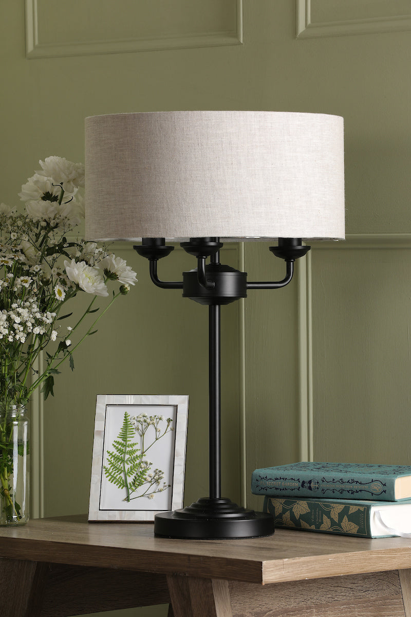 Laura Ashley Sorrento Table Lamp Matt Black and Natural With Shade –  from Amos Lighting + Home