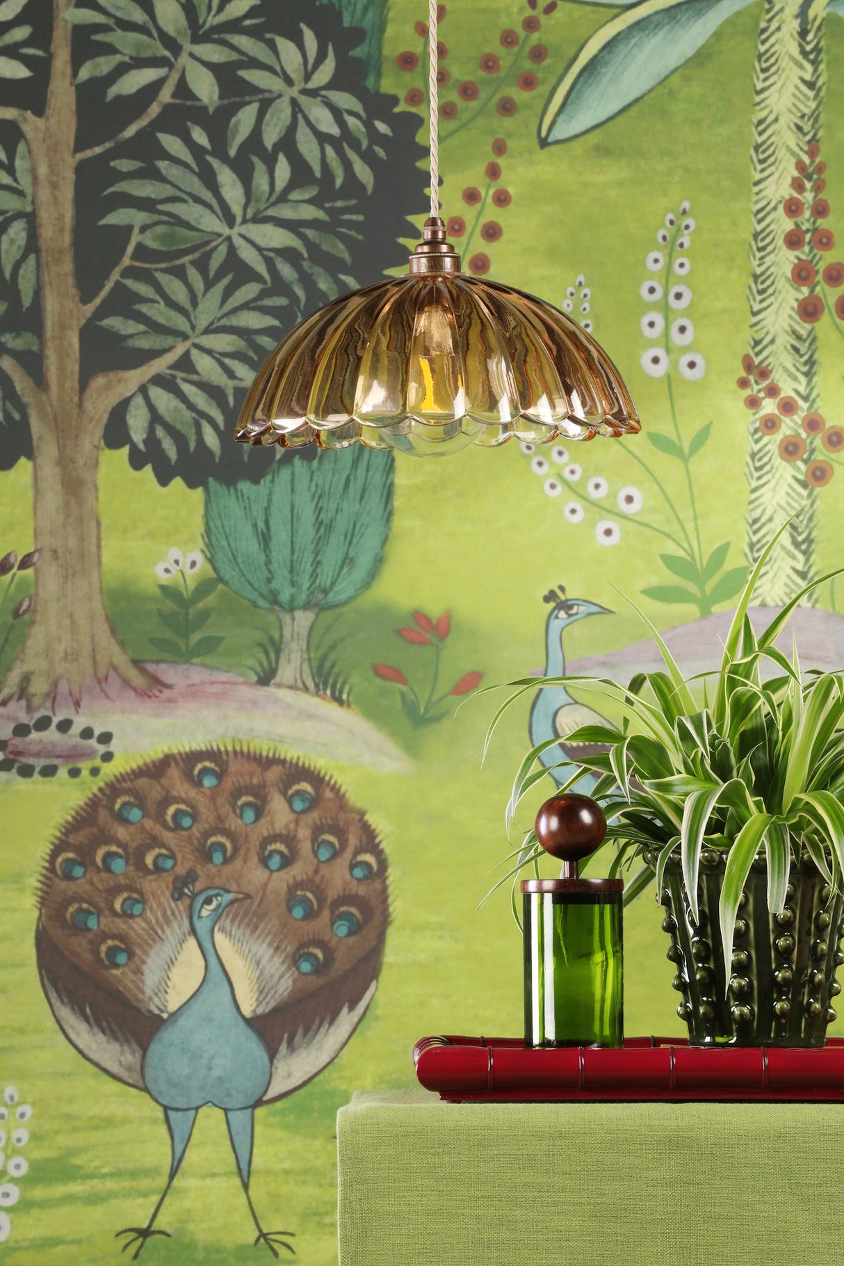 David Hunt Mabel Pendant Tobacco Ribbed Glass and Antique Brass