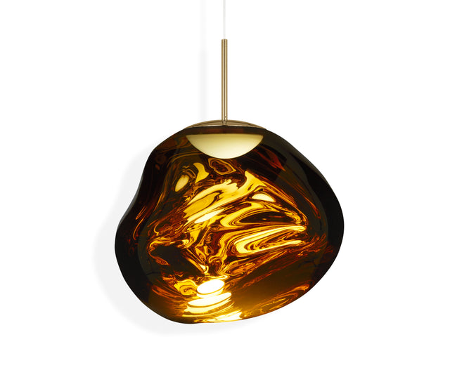 Modern gold pendant LED light with organic-shaped glass shade on white background