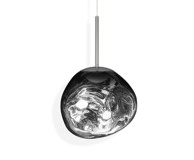 modern chrome melt LED mini pendant light with organic-shaped reflective glass shade