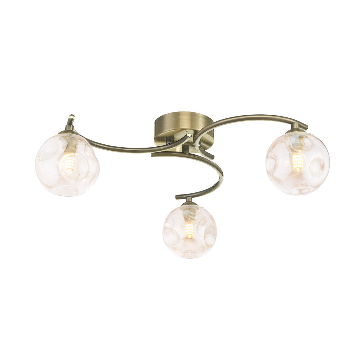 Dar Nakita 3 Light Semi Flush Antique Brass With Closed Organic Amber Glass