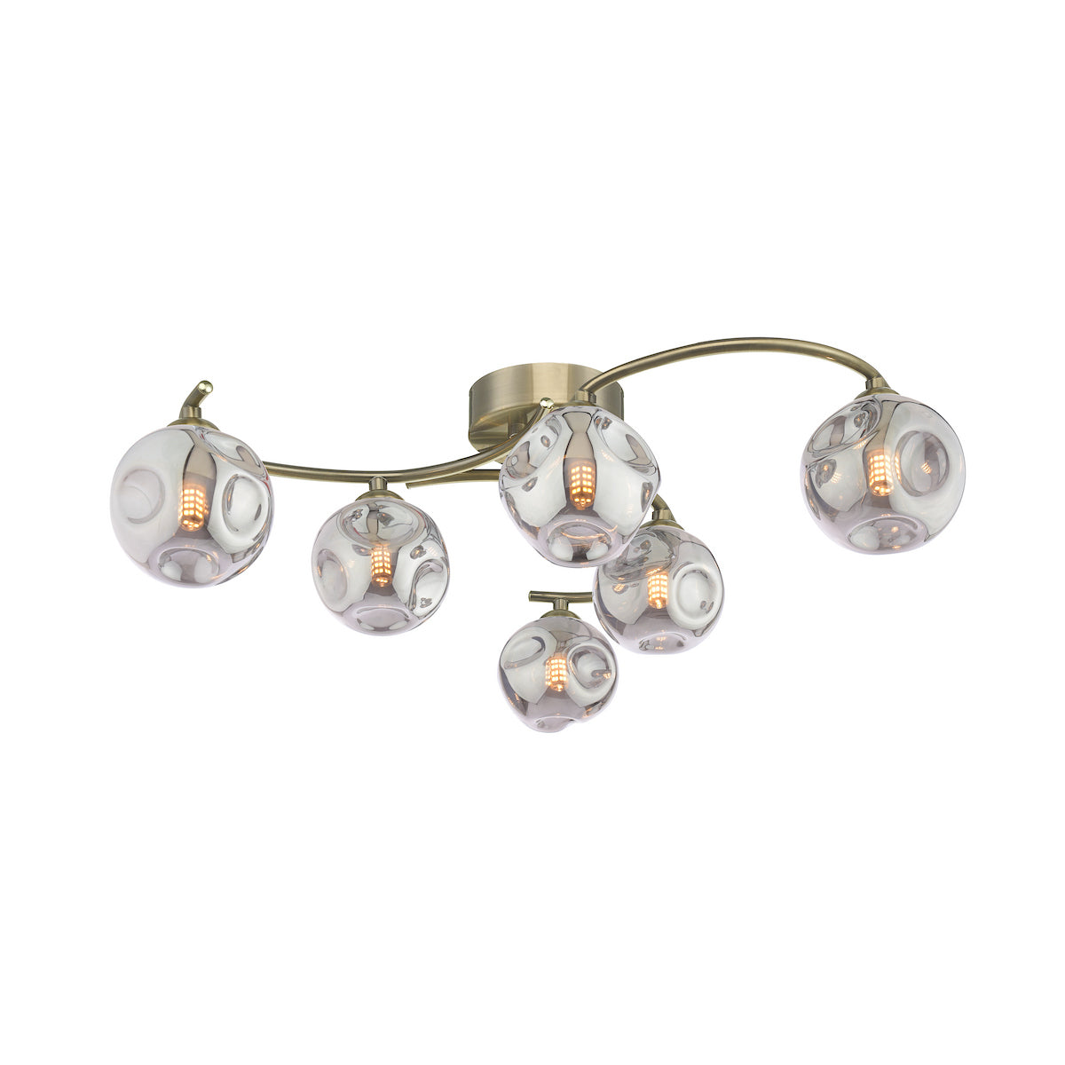 Dar Nakita 6 Light Semi Flush Antique Brass With Closed Organic Smoked Glass