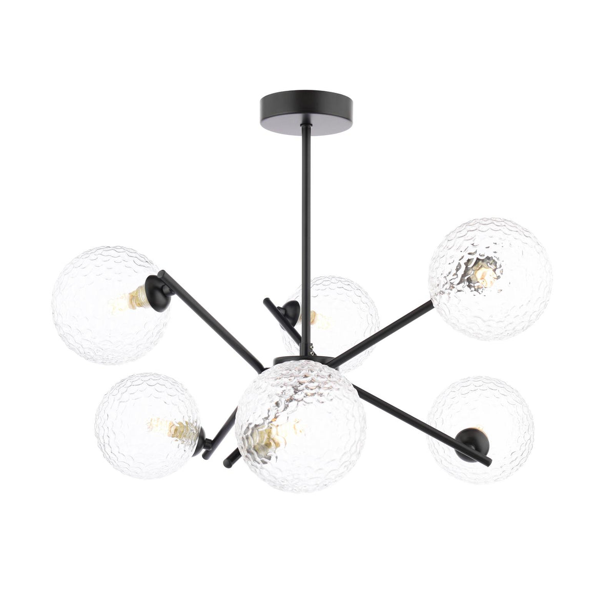 Dar Naron 6 Light Semi-Flush Satin Black and Hammered Clear Glass