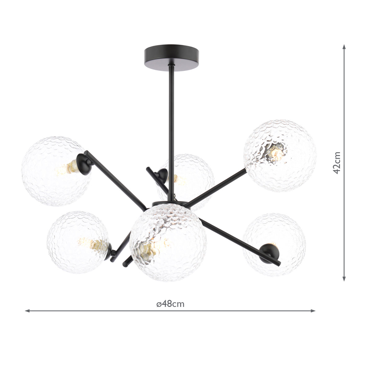 Dar Naron 6 Light Semi-Flush Satin Black and Hammered Clear Glass